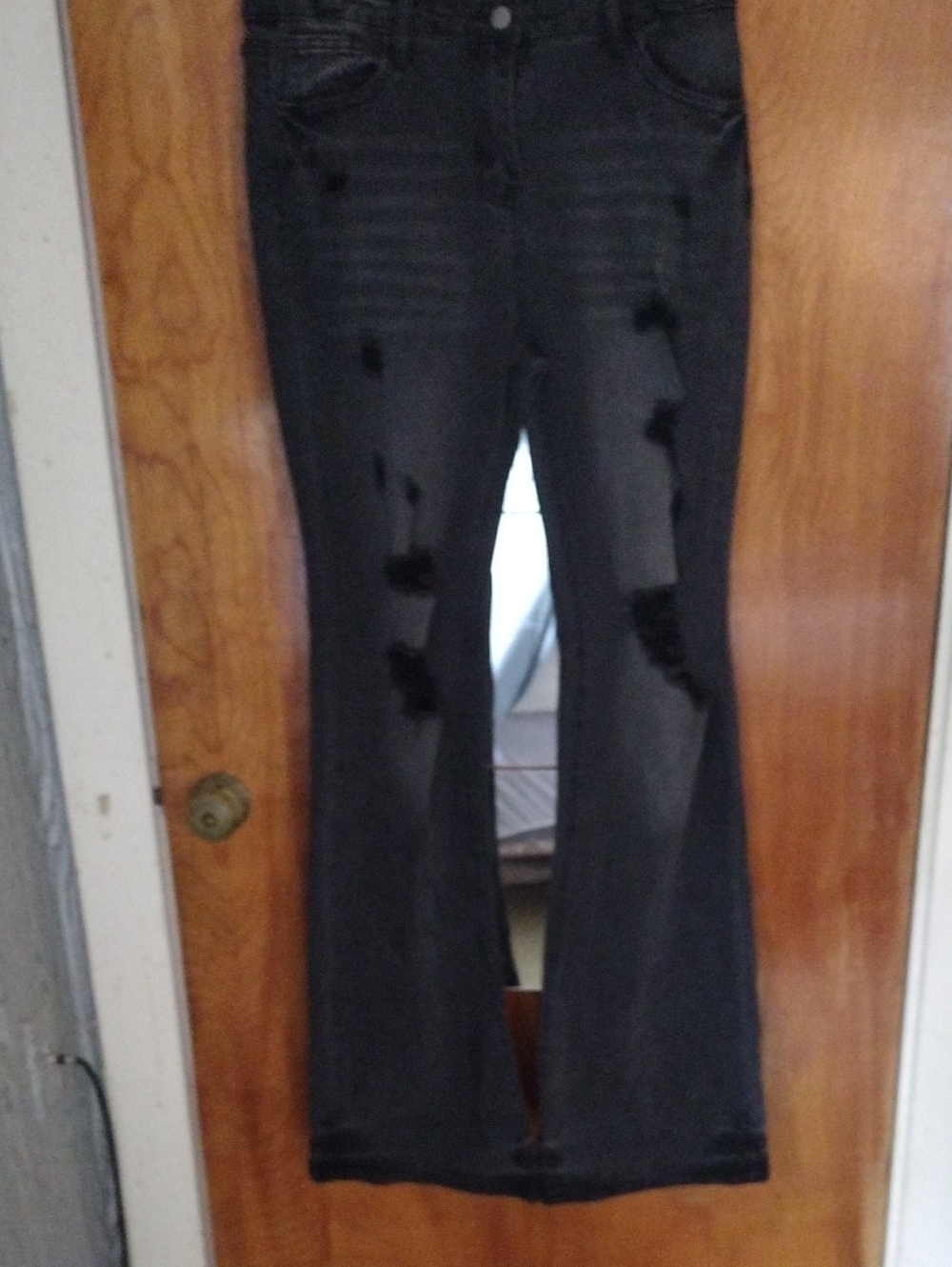 Womens Black Distressed Flare Jeans